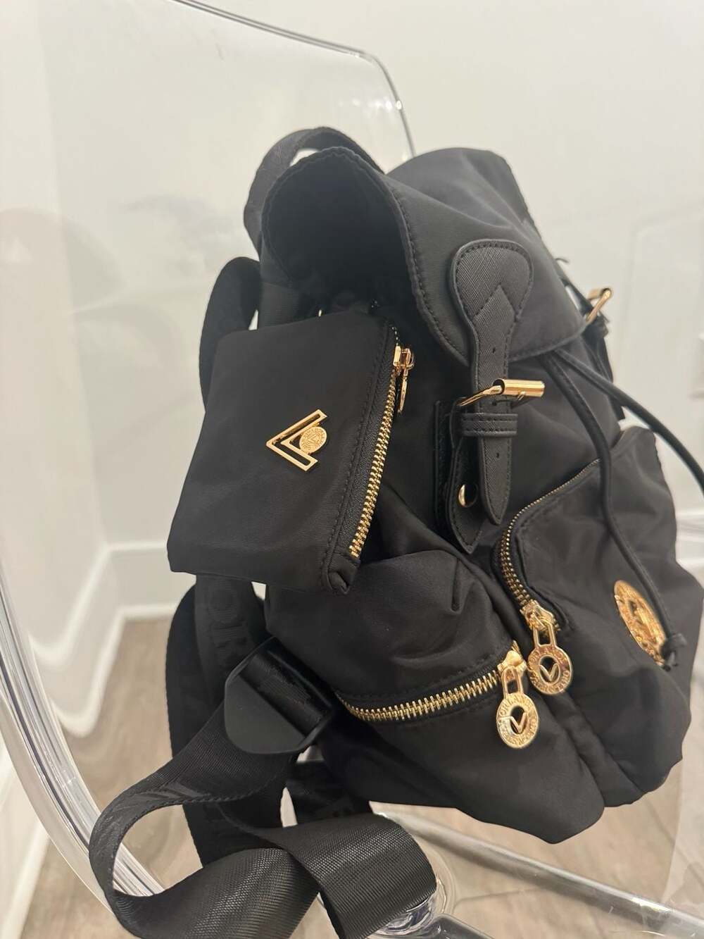Valentino Orlandi Black Nylon Backpack Gold Hardware Drawstring Bag - Picture 3 of 7